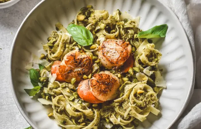 3 Tagliatelles au pesto de pistache citron et noix de coquilles Saint Jacques de Normandie compressed e1717580010850